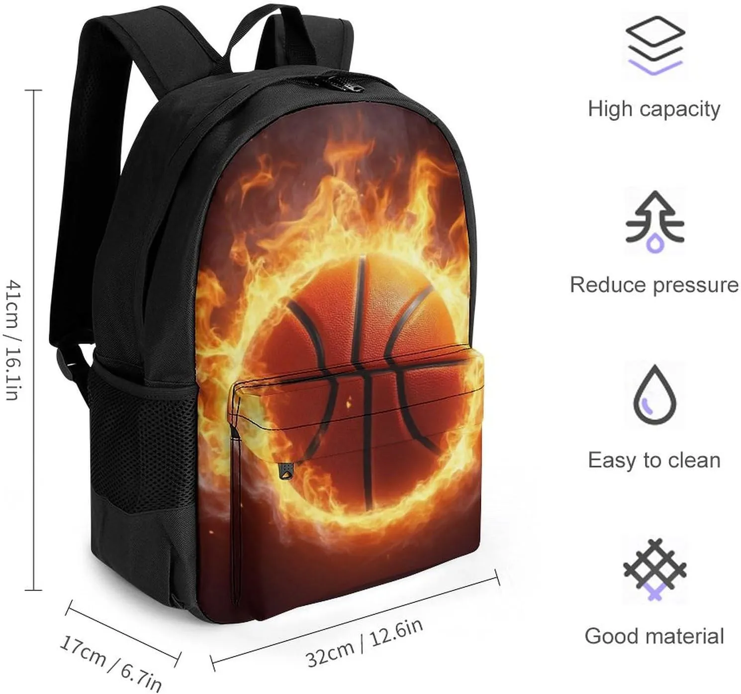 Supdreamc Lightweight Rucksacks for Camping Picnic Walking Cycling - Large Capacity Multipurpose Anti-Theft Carry On Bag, Cool Fire Flame Basketball Travel Hiking & Camping Rucksack