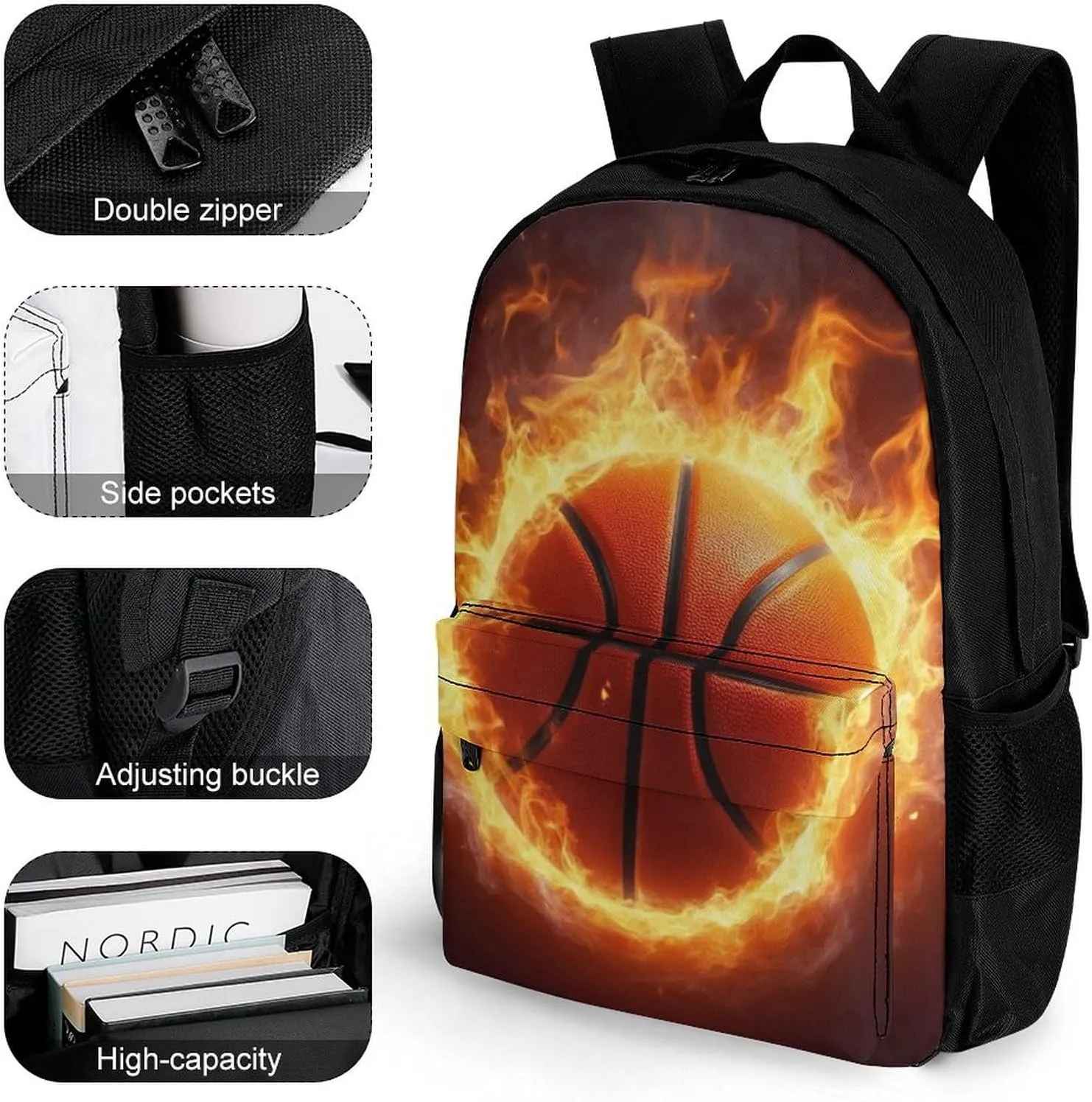 Supdreamc Lightweight Rucksacks for Camping Picnic Walking Cycling - Large Capacity Multipurpose Anti-Theft Carry On Bag, Cool Fire Flame Basketball Travel Hiking & Camping Rucksack