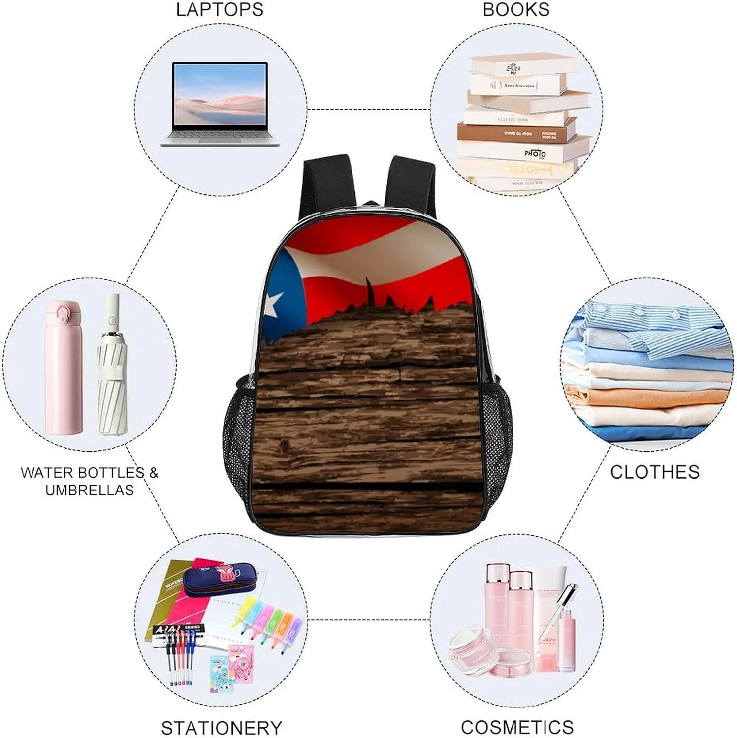Supdreamc Lightweight Rucksacks for Climbing Outdoors Walking Cycling - Large Capacity Transparent Multipurpose Carry On Bag, American Flag Wooden Pattern Camping Outdoor Backpack