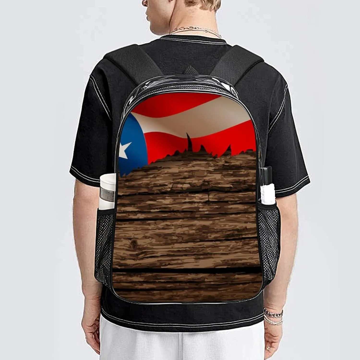 Supdreamc Lightweight Rucksacks for Climbing Outdoors Walking Cycling - Large Capacity Transparent Multipurpose Carry On Bag, American Flag Wooden Pattern Camping Outdoor Backpack