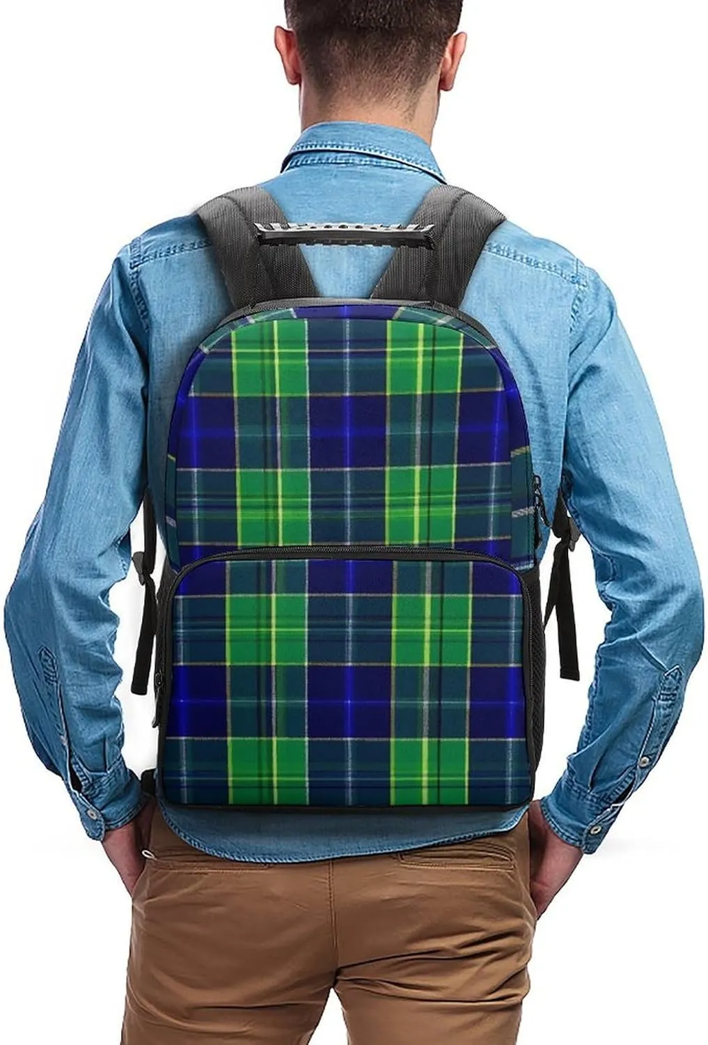 Supdreamc Men Women Lightweight Blue Green Scottish Tartan Plaid Backpack Large Capacity Carry On Bag With Padded Straps for Sports Work Walking Cycling