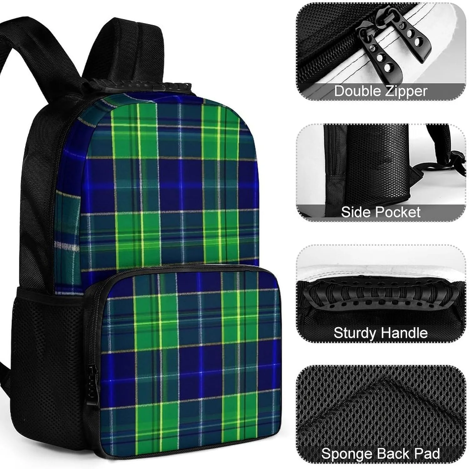 Supdreamc Men Women Lightweight Blue Green Scottish Tartan Plaid Backpack Large Capacity Carry On Bag With Padded Straps for Sports Work Walking Cycling