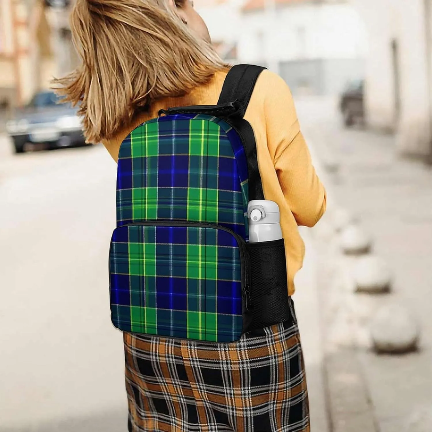 Supdreamc Men Women Lightweight Blue Green Scottish Tartan Plaid Backpack Large Capacity Carry On Bag With Padded Straps for Sports Work Walking Cycling