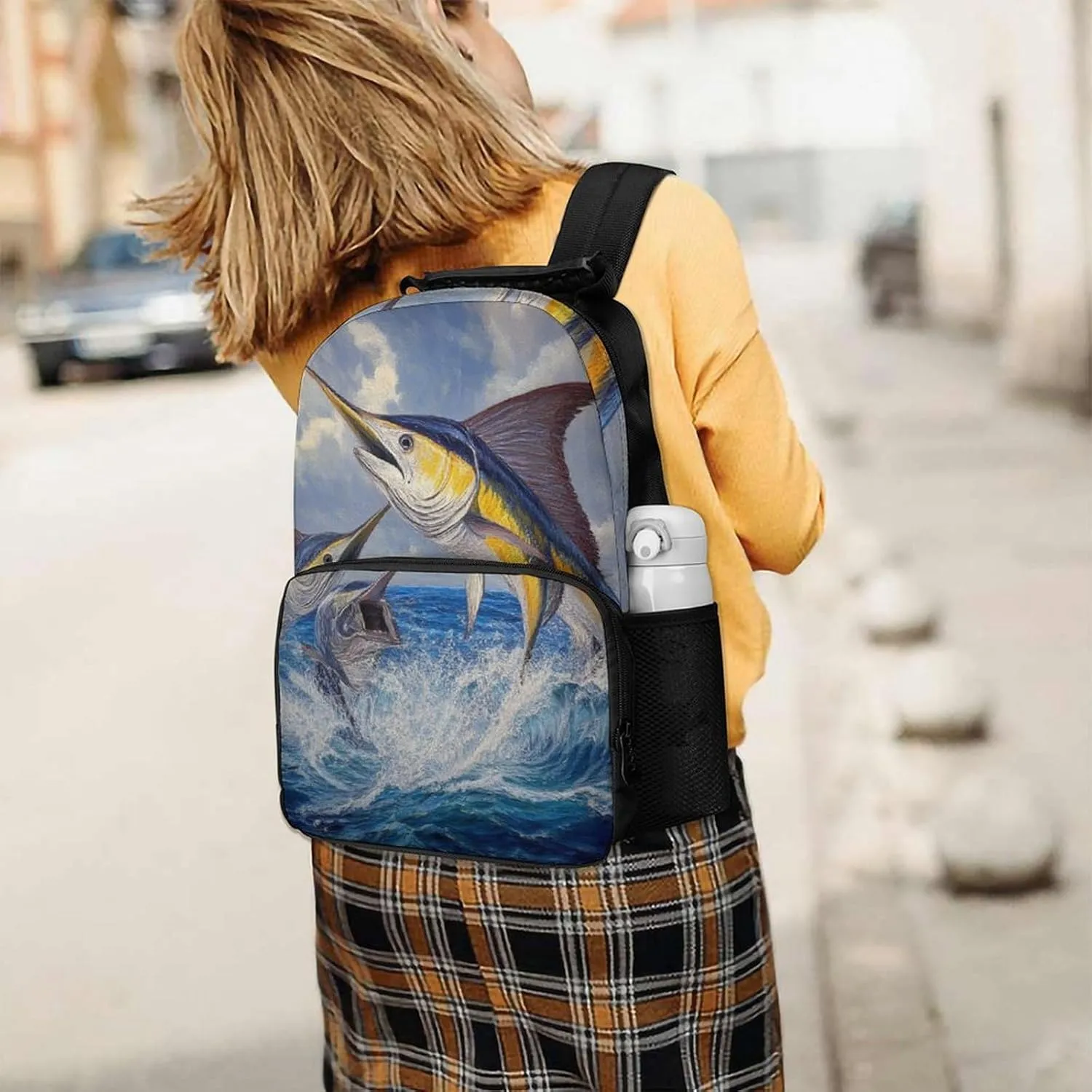 Supdreamc Men Women Lightweight Whimsical Fish Painting Daypack Bookbag Big Capacity Carry On Bag With Side Pockets for Camping Travel Bicycle