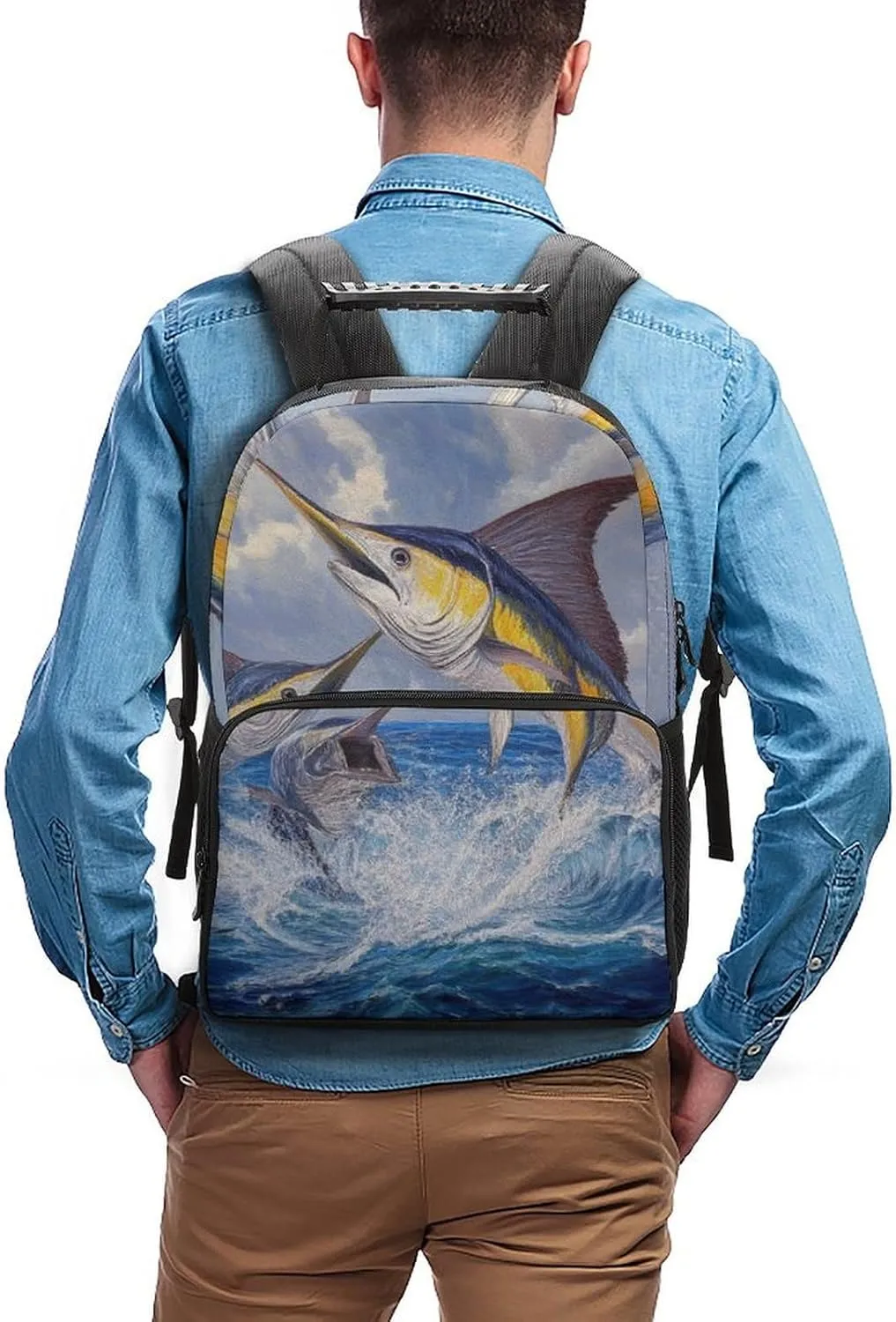 Supdreamc Men Women Lightweight Whimsical Fish Painting Daypack Bookbag Big Capacity Carry On Bag With Side Pockets for Camping Travel Bicycle