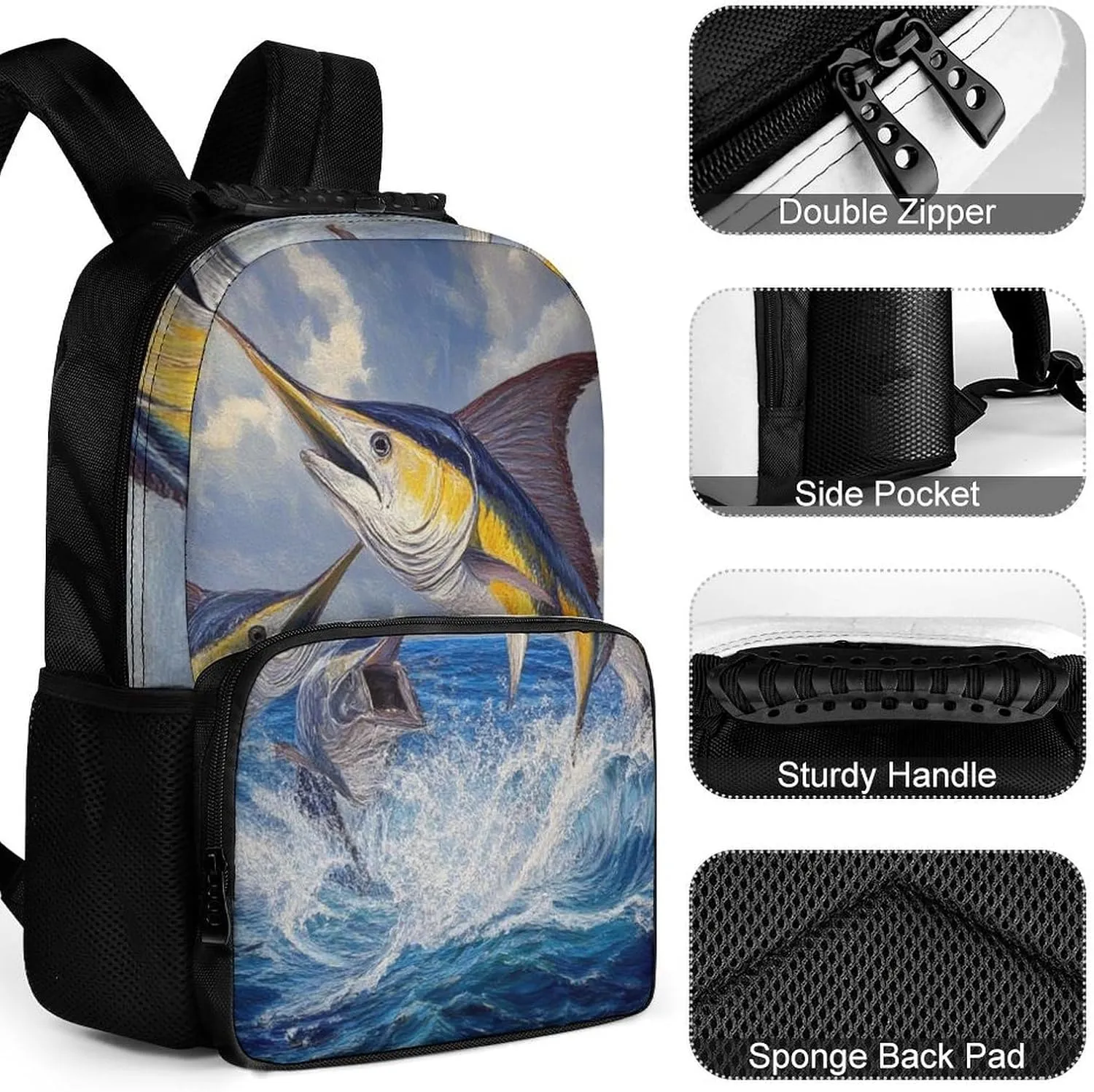 Supdreamc Men Women Lightweight Whimsical Fish Painting Daypack Bookbag Big Capacity Carry On Bag With Side Pockets for Camping Travel Bicycle