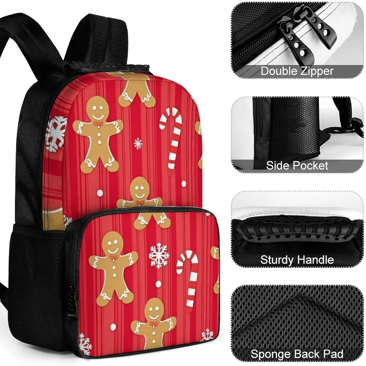 Supdreamc Men Women Polyester Christmas Red Gingerbread Cookies Candy Canes Daypack Backpack Large Capacity Carry On Bag With Smooth Zippers for Hiking Picnic Walking Cycling