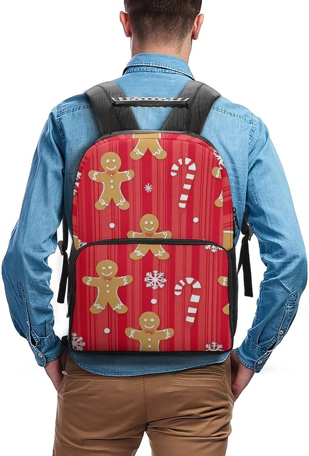Supdreamc Men Women Polyester Christmas Red Gingerbread Cookies Candy Canes Daypack Backpack Large Capacity Carry On Bag With Smooth Zippers for Hiking Picnic Walking Cycling