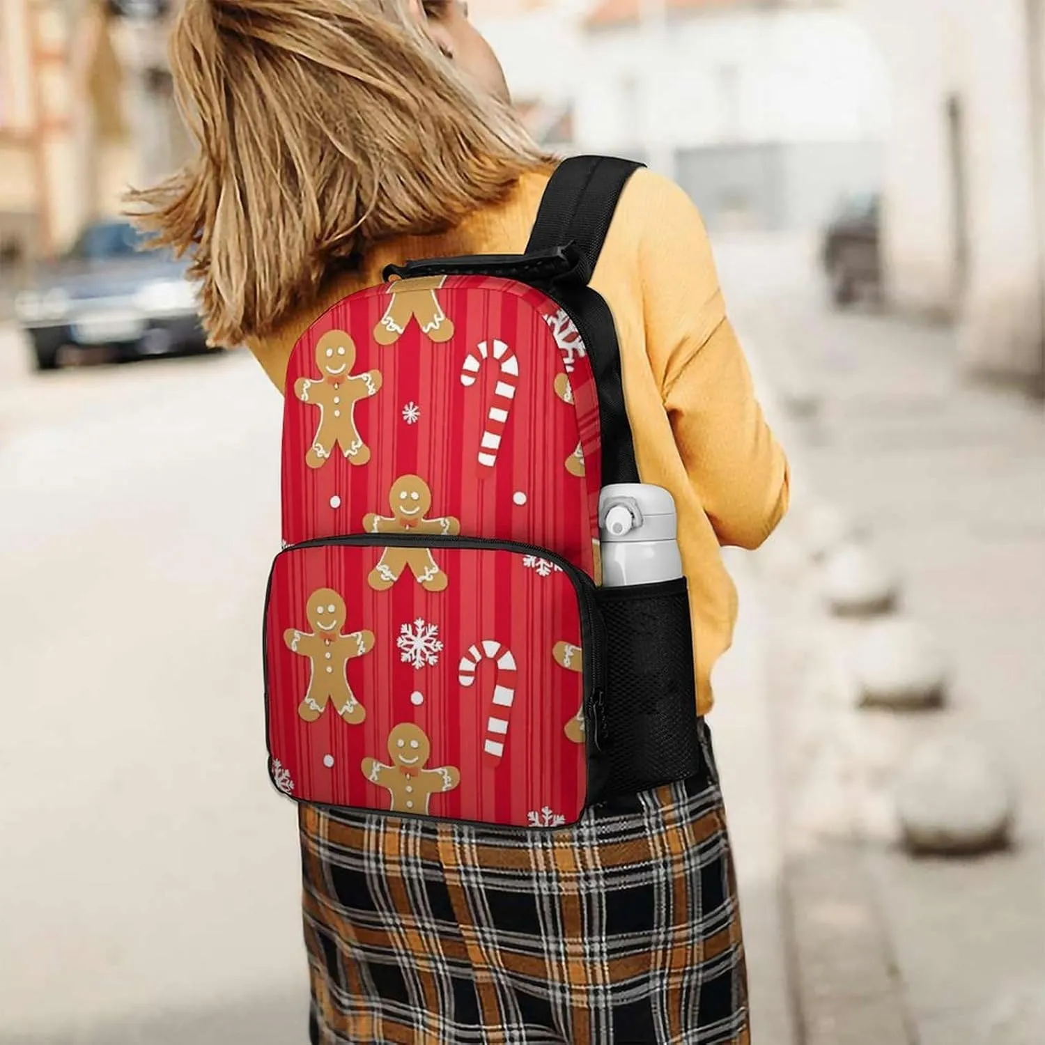 Supdreamc Men Women Polyester Christmas Red Gingerbread Cookies Candy Canes Daypack Backpack Large Capacity Carry On Bag With Smooth Zippers for Hiking Picnic Walking Cycling