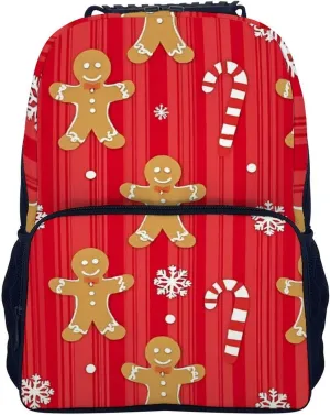 Supdreamc Men Women Polyester Christmas Red Gingerbread Cookies Candy Canes Daypack Backpack Large Capacity Carry On Bag With Smooth Zippers for Hiking Picnic Walking Cycling