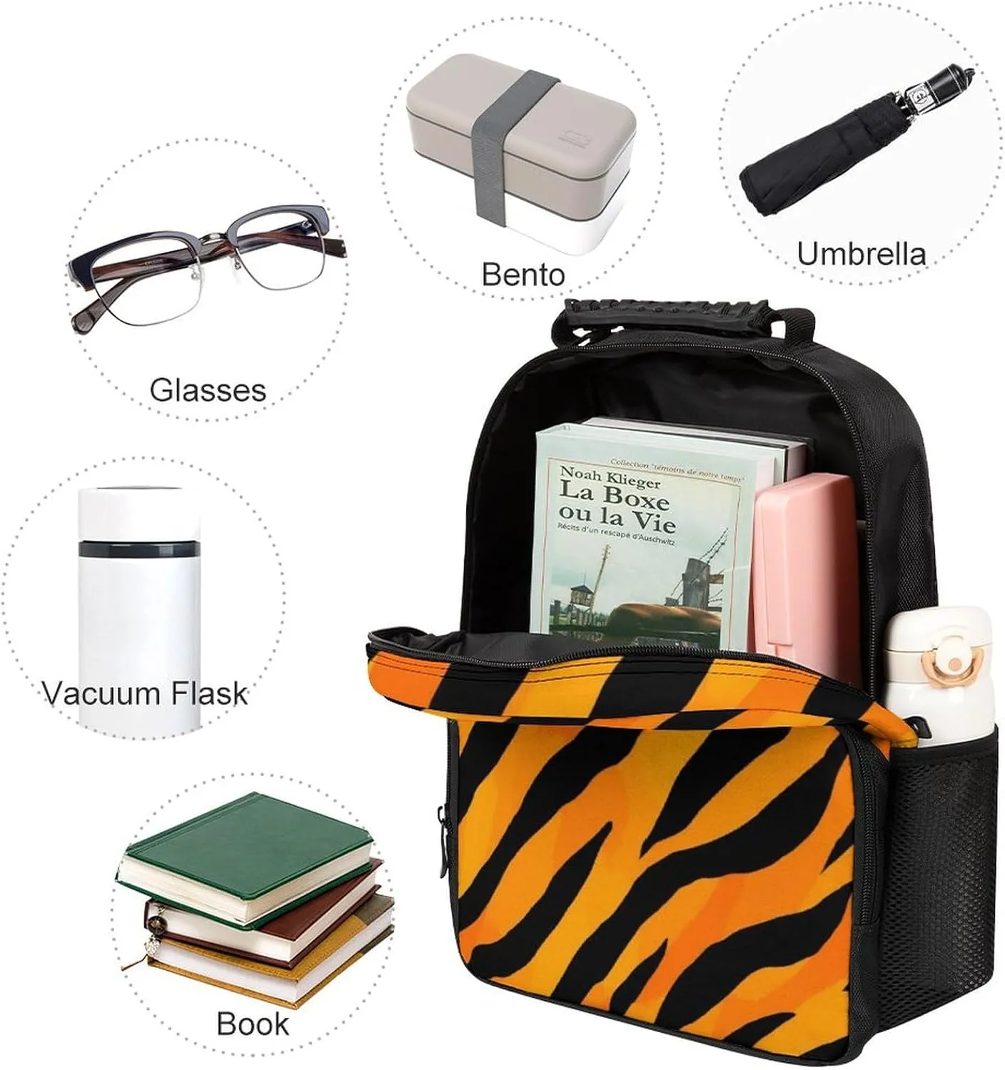 Supdreamc Men Women Polyester Cool Animal Print Tiger Stripes Daypack Big Capacity Shoulder Bag With Smooth Zippers for Hiking Work Walking Cycling