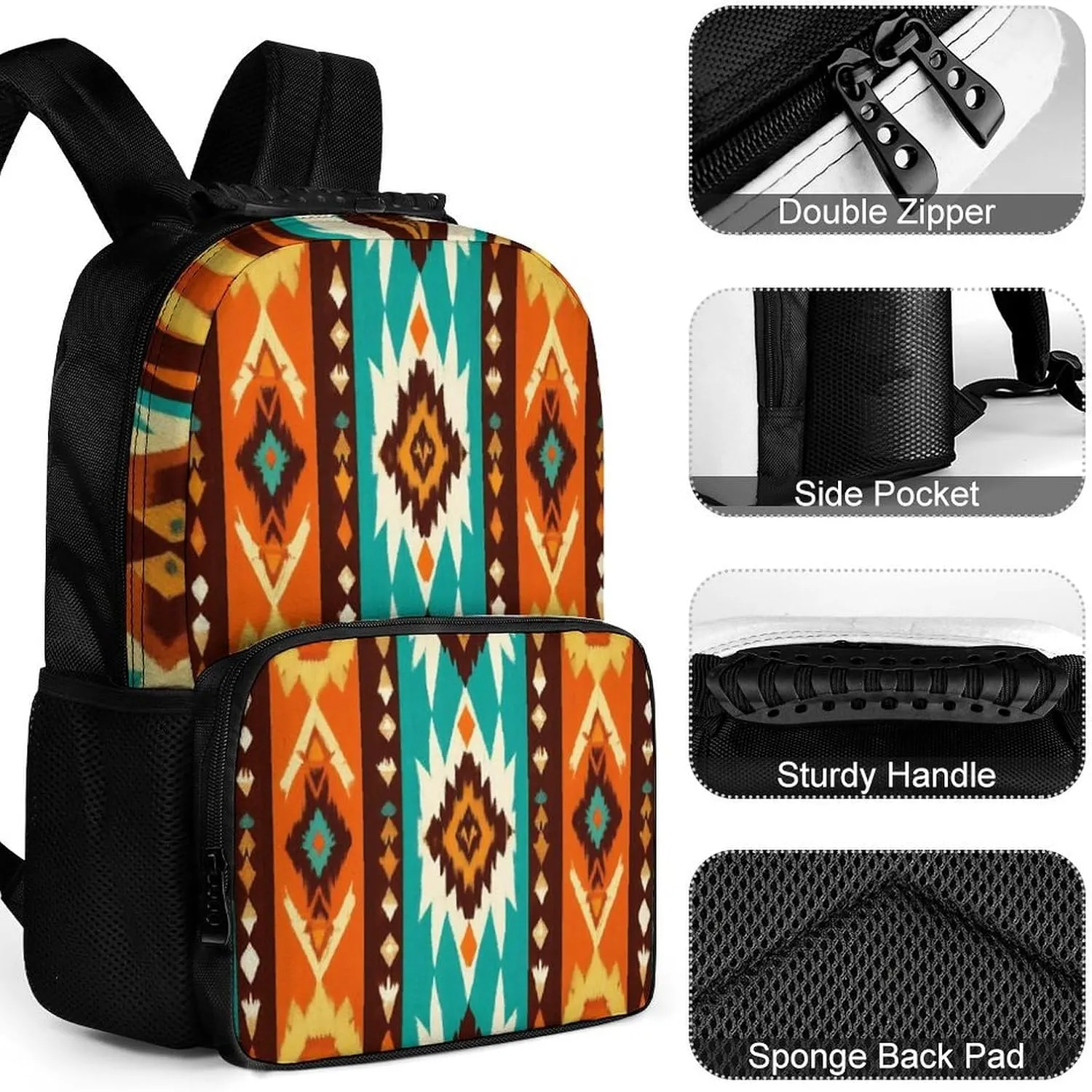 Supdreamc Men Women Polyester Indiana Western Southwest Ethnic Tribal Navajo Daypack Big Capacity Shoulder Bag With Smooth Zippers for Hiking Work Walking Cycling