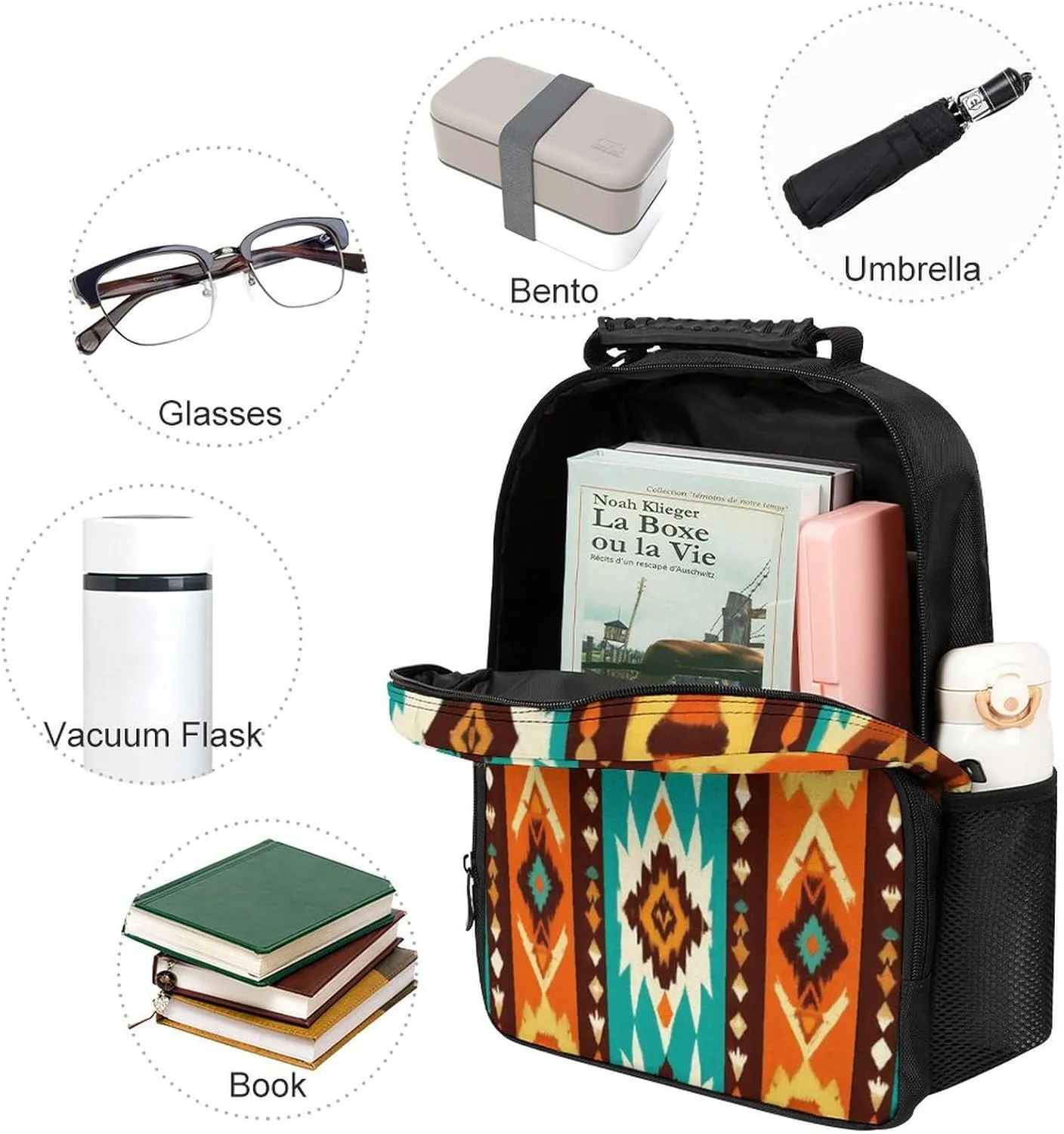 Supdreamc Men Women Polyester Indiana Western Southwest Ethnic Tribal Navajo Daypack Big Capacity Shoulder Bag With Smooth Zippers for Hiking Work Walking Cycling