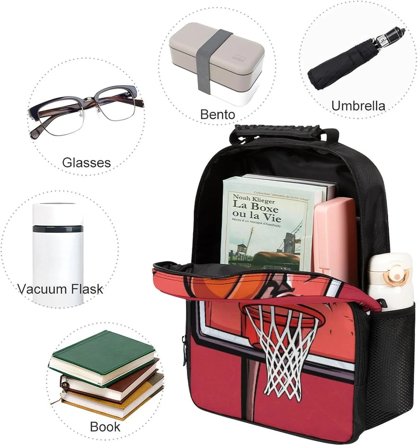 Supdreamc Polyester Daypack Backpack for Sports Travel Running - Big Capacity Anti-Theft Multipurpose Carry On Bag, Basketball Rack Red Laptop Book Bag Rucksack
