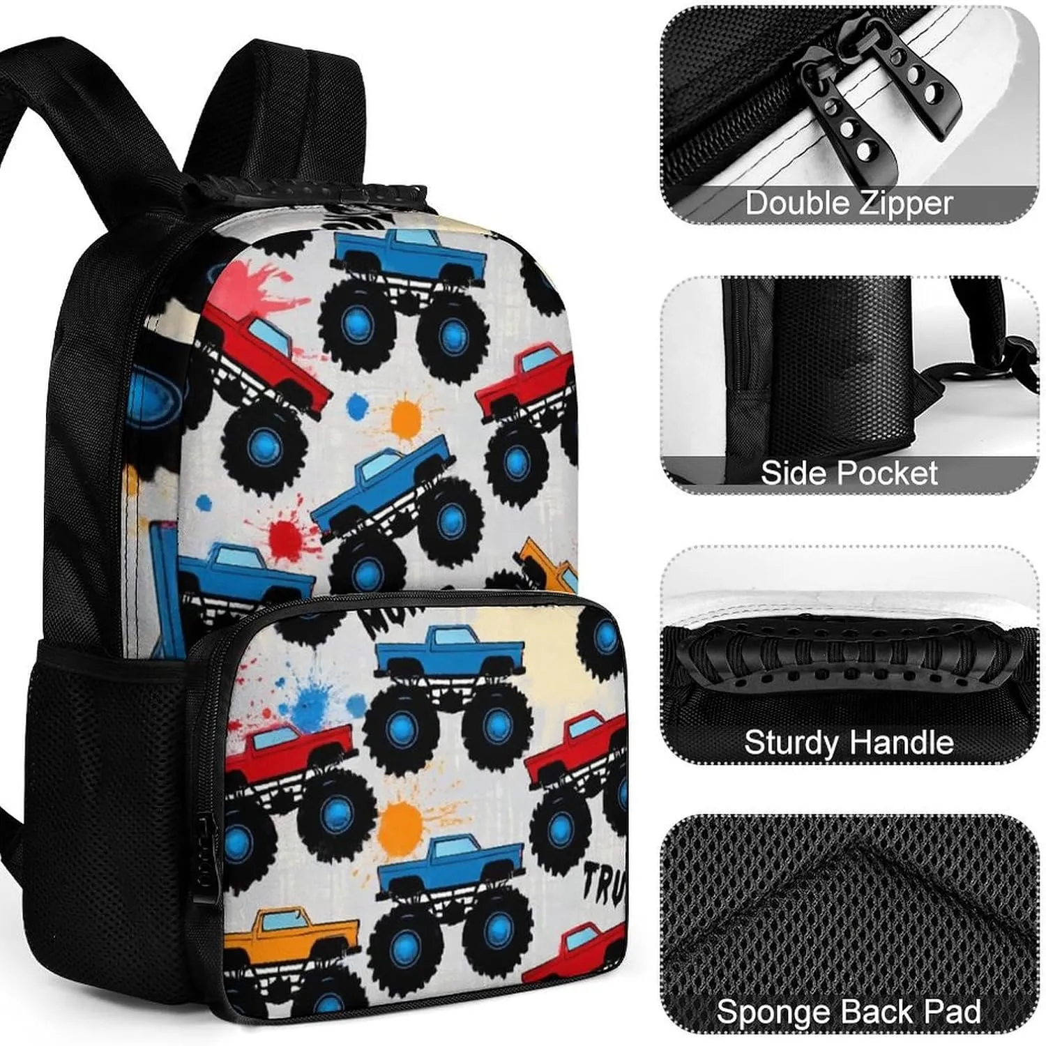 Supdreamc Polyester Daypack Backpack for Trekking Picnic Walking Cycling - Large Capacity Anti-Theft Multipurpose Shoulder Bag, Grunge Monster Truck Car Art Casual Daypack