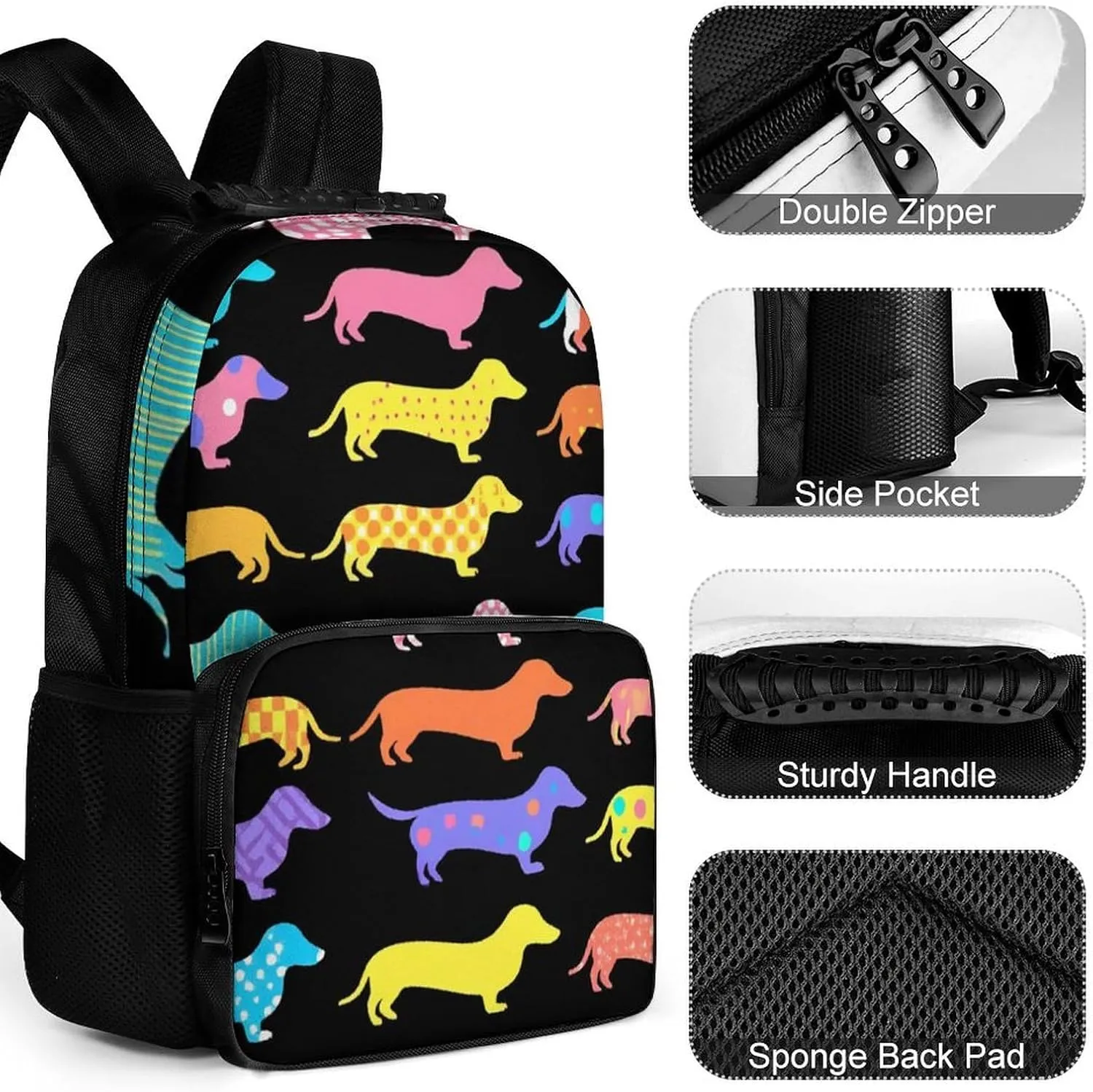 Supdreamc Polyester Daypack for Hiking Work Running - Big Capacity Anti-Theft Multipurpose Shoulder Bag, Black Dachshund Puppy Animal Dog Travel and Sport Backpack Rucksack