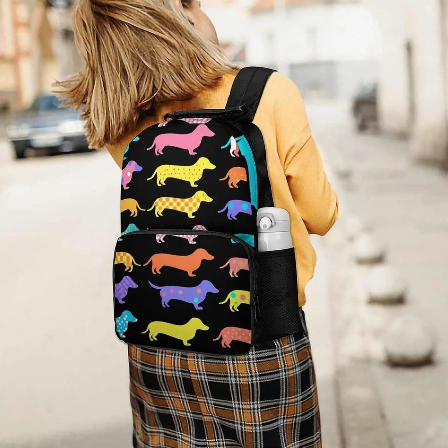 Supdreamc Polyester Daypack for Hiking Work Running - Big Capacity Anti-Theft Multipurpose Shoulder Bag, Black Dachshund Puppy Animal Dog Travel and Sport Backpack Rucksack