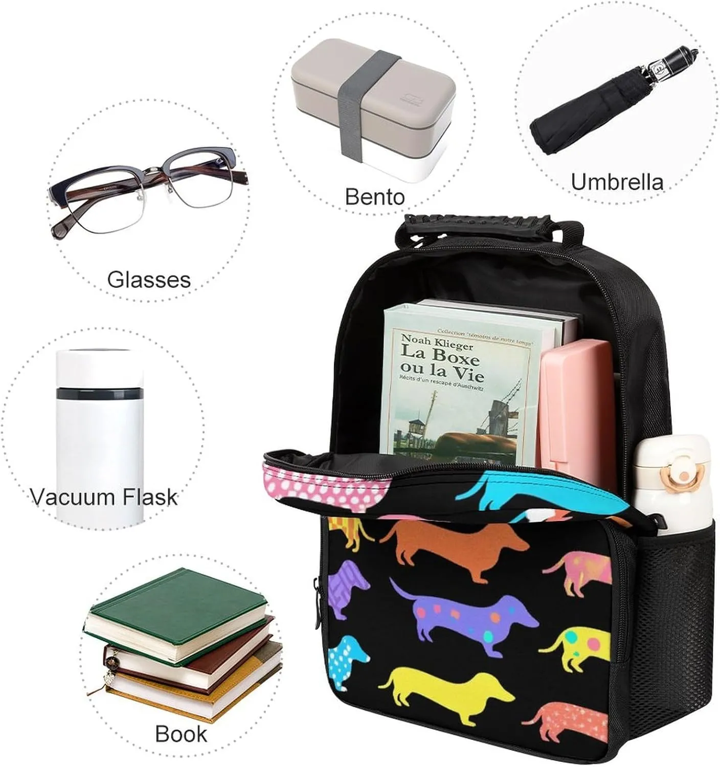 Supdreamc Polyester Daypack for Hiking Work Running - Big Capacity Anti-Theft Multipurpose Shoulder Bag, Black Dachshund Puppy Animal Dog Travel and Sport Backpack Rucksack