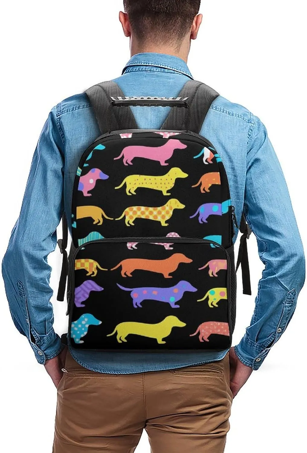 Supdreamc Polyester Daypack for Hiking Work Running - Big Capacity Anti-Theft Multipurpose Shoulder Bag, Black Dachshund Puppy Animal Dog Travel and Sport Backpack Rucksack