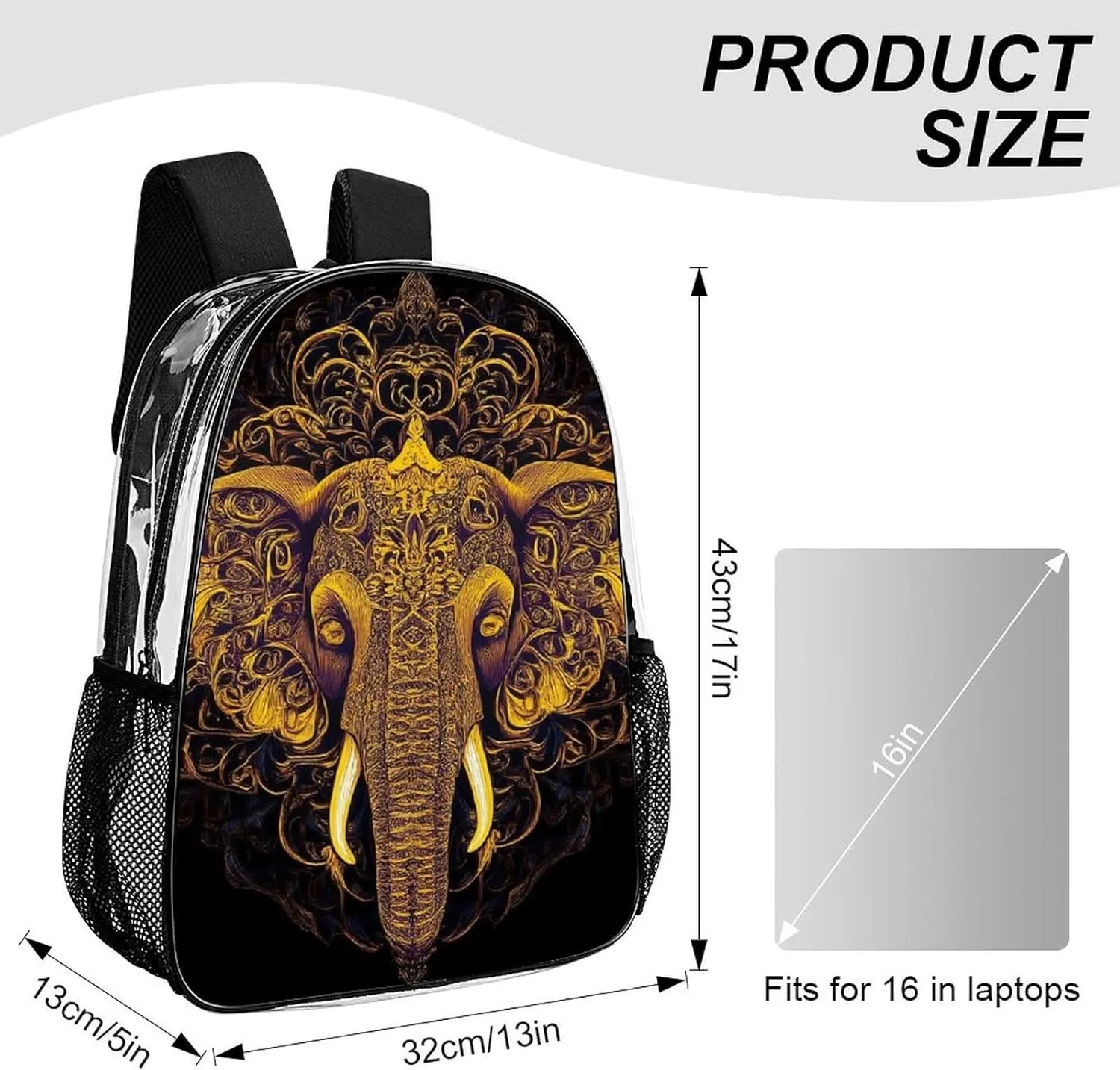 Supdreamc Transparent Daypack Backpack for Sports Travel Running - Big Capacity Anti-Theft Multipurpose Carry On Bag, Beautiful Paisley Elephant Art Laptop Book Bag Rucksack