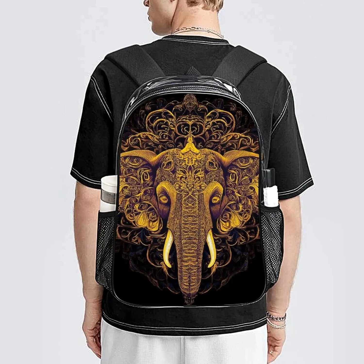 Supdreamc Transparent Daypack Backpack for Sports Travel Running - Big Capacity Anti-Theft Multipurpose Carry On Bag, Beautiful Paisley Elephant Art Laptop Book Bag Rucksack