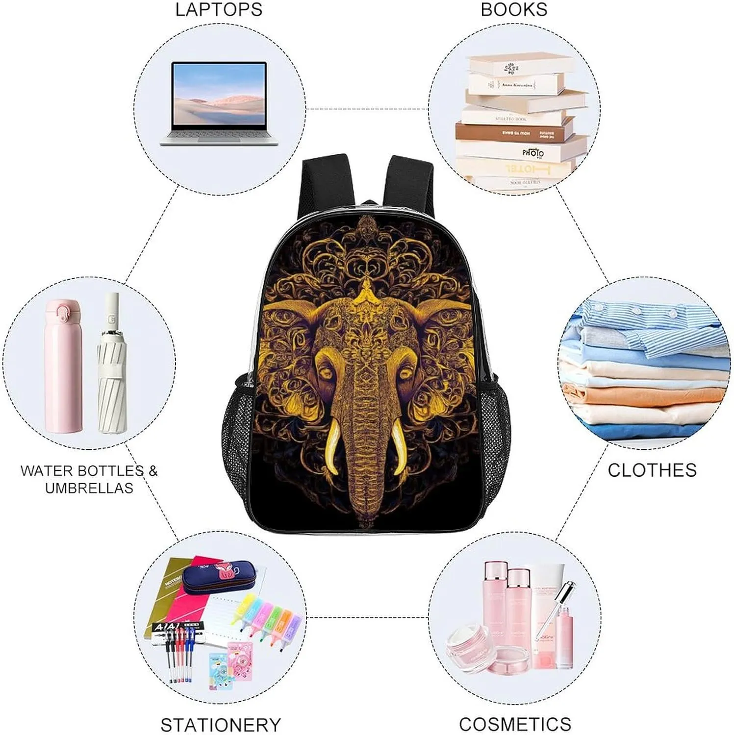 Supdreamc Transparent Daypack Backpack for Sports Travel Running - Big Capacity Anti-Theft Multipurpose Carry On Bag, Beautiful Paisley Elephant Art Laptop Book Bag Rucksack