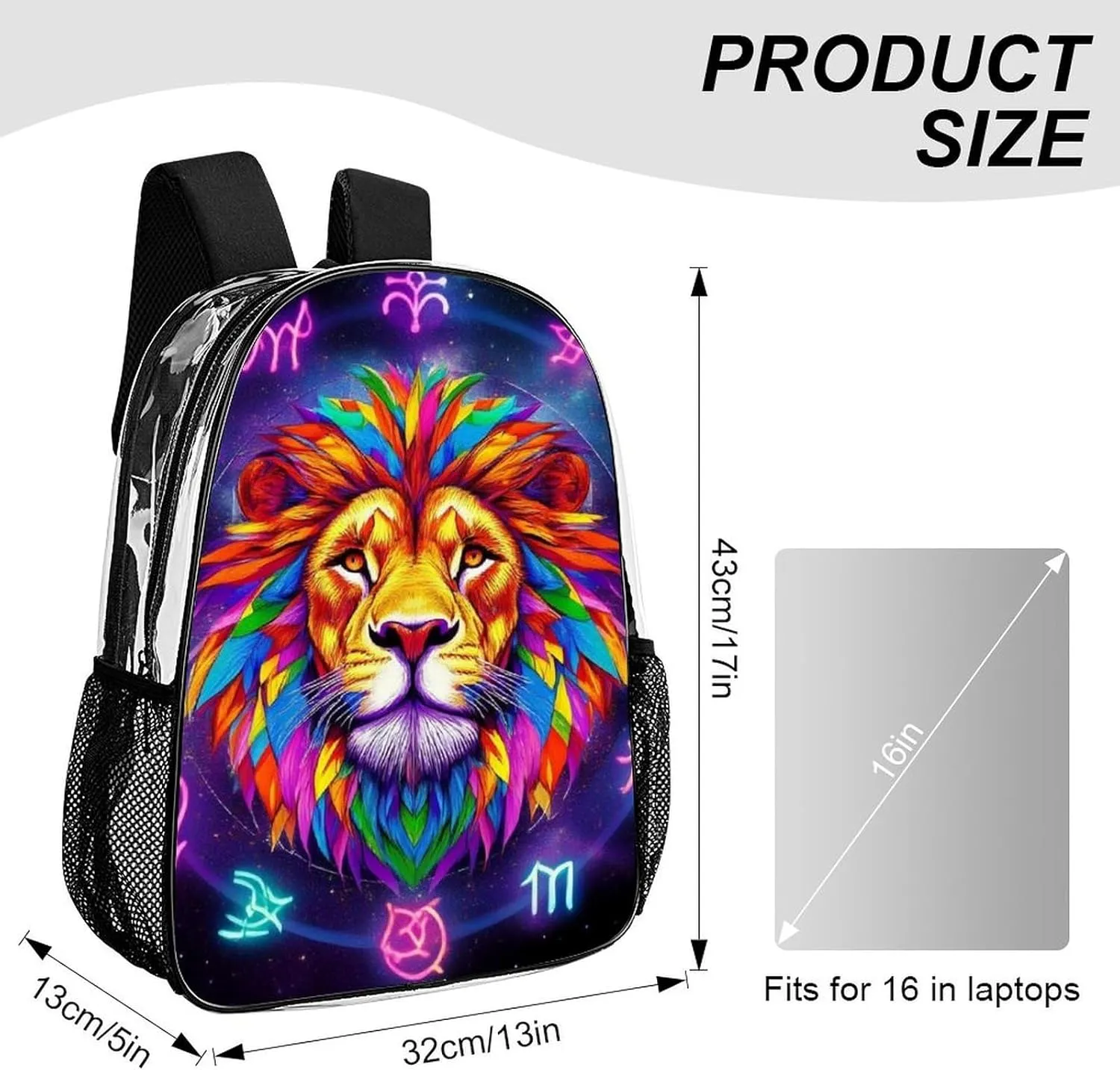 Supdreamc Transparent Daypack Backpack for Trekking Picnic Walking Cycling - Large Capacity Anti-Theft Multipurpose Shoulder Bag, Trippy Lion Leo Constellation Art Casual Daypack