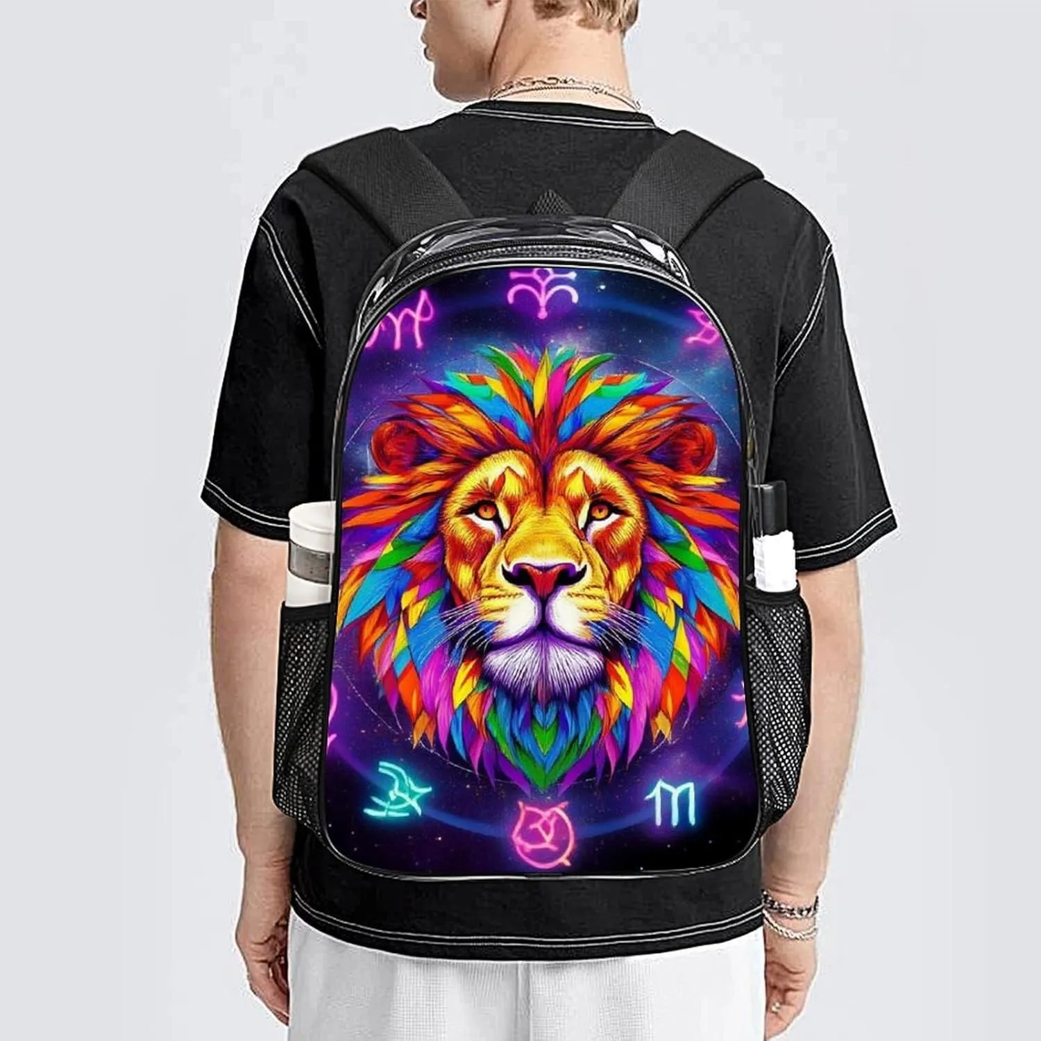 Supdreamc Transparent Daypack Backpack for Trekking Picnic Walking Cycling - Large Capacity Anti-Theft Multipurpose Shoulder Bag, Trippy Lion Leo Constellation Art Casual Daypack