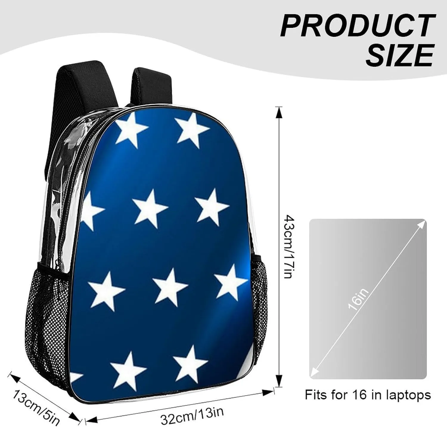 Supdreamc Transparent Daypack for Camping Travel Walking Cycling - Big Capacity Anti-Theft Multipurpose Bookbag, Modern Usa American Flag Pattern Camping Outdoor Backpack