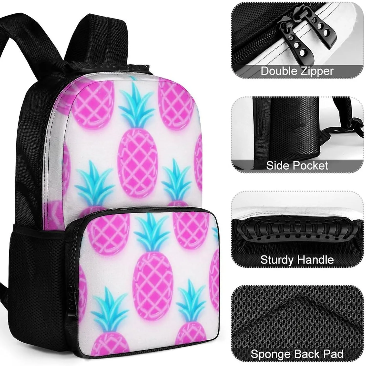 Supdreamc Tropical Pink Pineapples Art Rucksack Polyester Anti-Theft Multipurpose Bookbag Big Capacity Travel and Sport Backpack Rucksack With Side Pockets