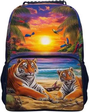 Supdreamc Tropical Tiger Animal World King Art Backpack Polyester Anti-Theft Multipurpose Bookbag Large Capacity Laptop Book Bag Rucksack With Side Pockets