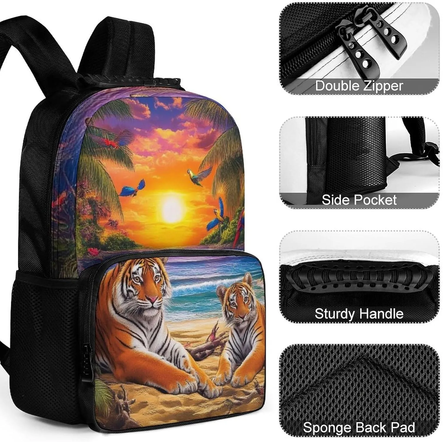 Supdreamc Tropical Tiger Animal World King Art Backpack Polyester Anti-Theft Multipurpose Bookbag Large Capacity Laptop Book Bag Rucksack With Side Pockets