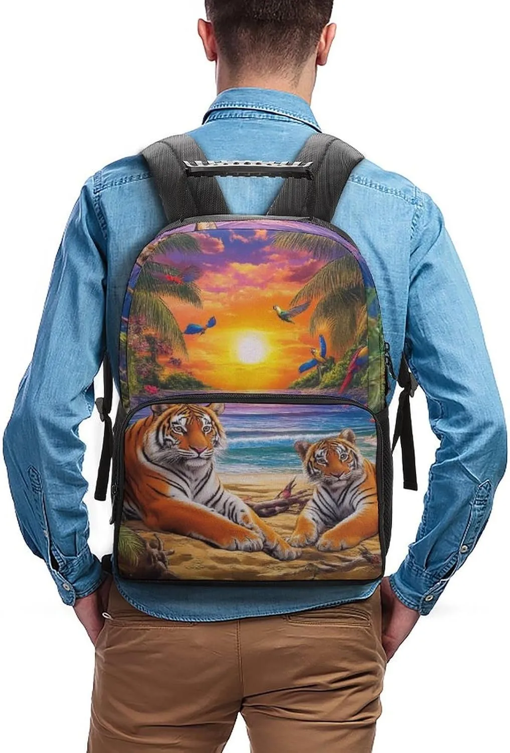 Supdreamc Tropical Tiger Animal World King Art Backpack Polyester Anti-Theft Multipurpose Bookbag Large Capacity Laptop Book Bag Rucksack With Side Pockets