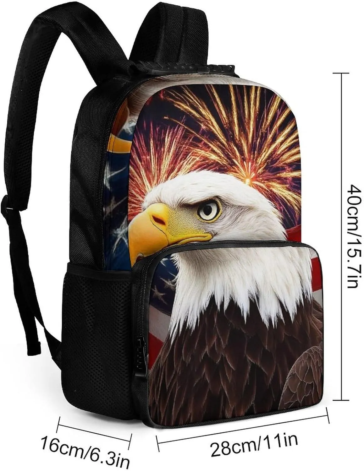 Supdreamc Women Men Polyester Bald Eagle American Flag Fireworks Art Casual Daypack Large Capacity Bookbag With Side Pockets for Sports Picnic Walking Cycling