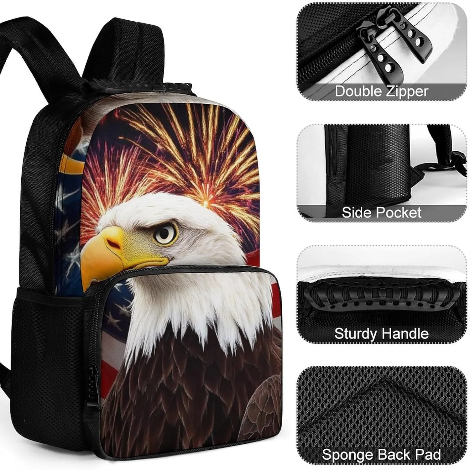 Supdreamc Women Men Polyester Bald Eagle American Flag Fireworks Art Casual Daypack Large Capacity Bookbag With Side Pockets for Sports Picnic Walking Cycling