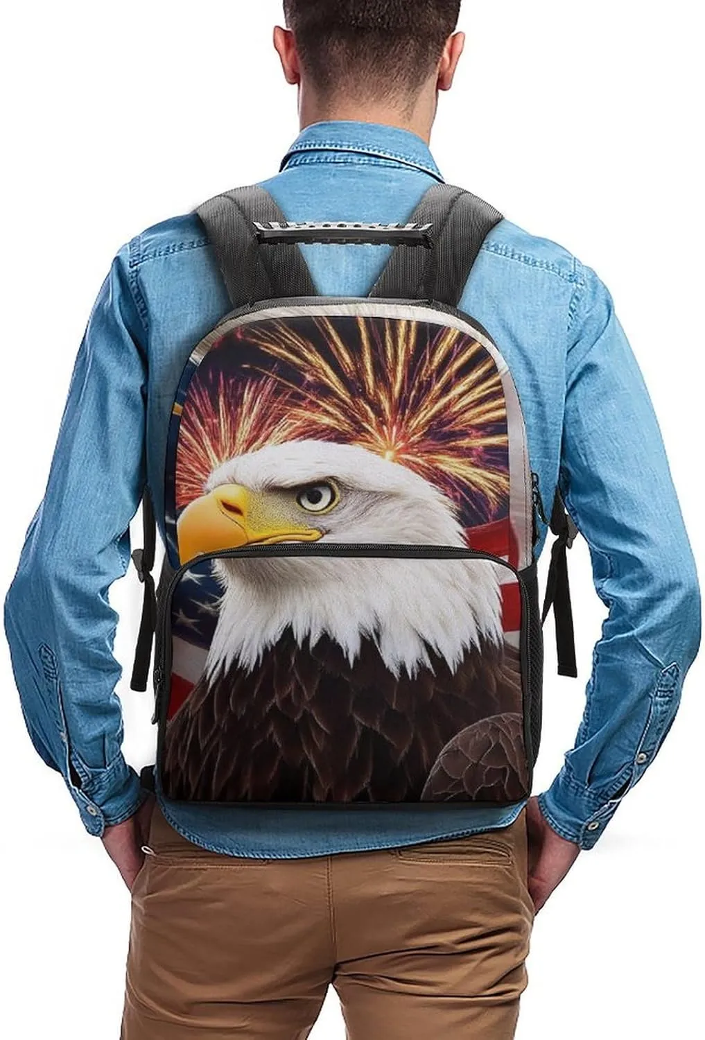 Supdreamc Women Men Polyester Bald Eagle American Flag Fireworks Art Casual Daypack Large Capacity Bookbag With Side Pockets for Sports Picnic Walking Cycling