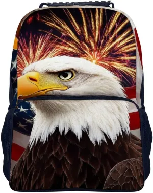 Supdreamc Women Men Polyester Bald Eagle American Flag Fireworks Art Casual Daypack Large Capacity Bookbag With Side Pockets for Sports Picnic Walking Cycling