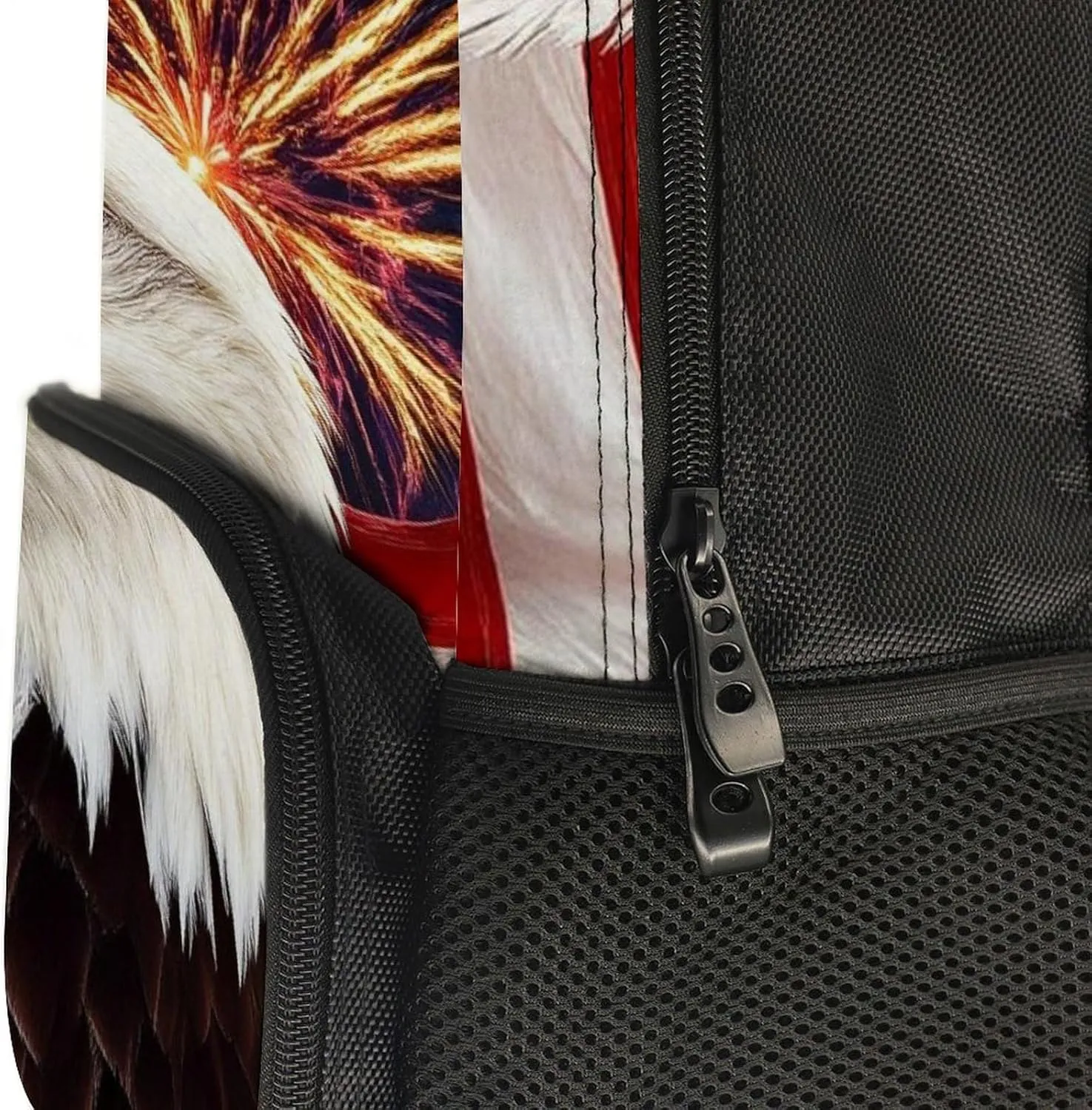 Supdreamc Women Men Polyester Bald Eagle American Flag Fireworks Art Casual Daypack Large Capacity Bookbag With Side Pockets for Sports Picnic Walking Cycling
