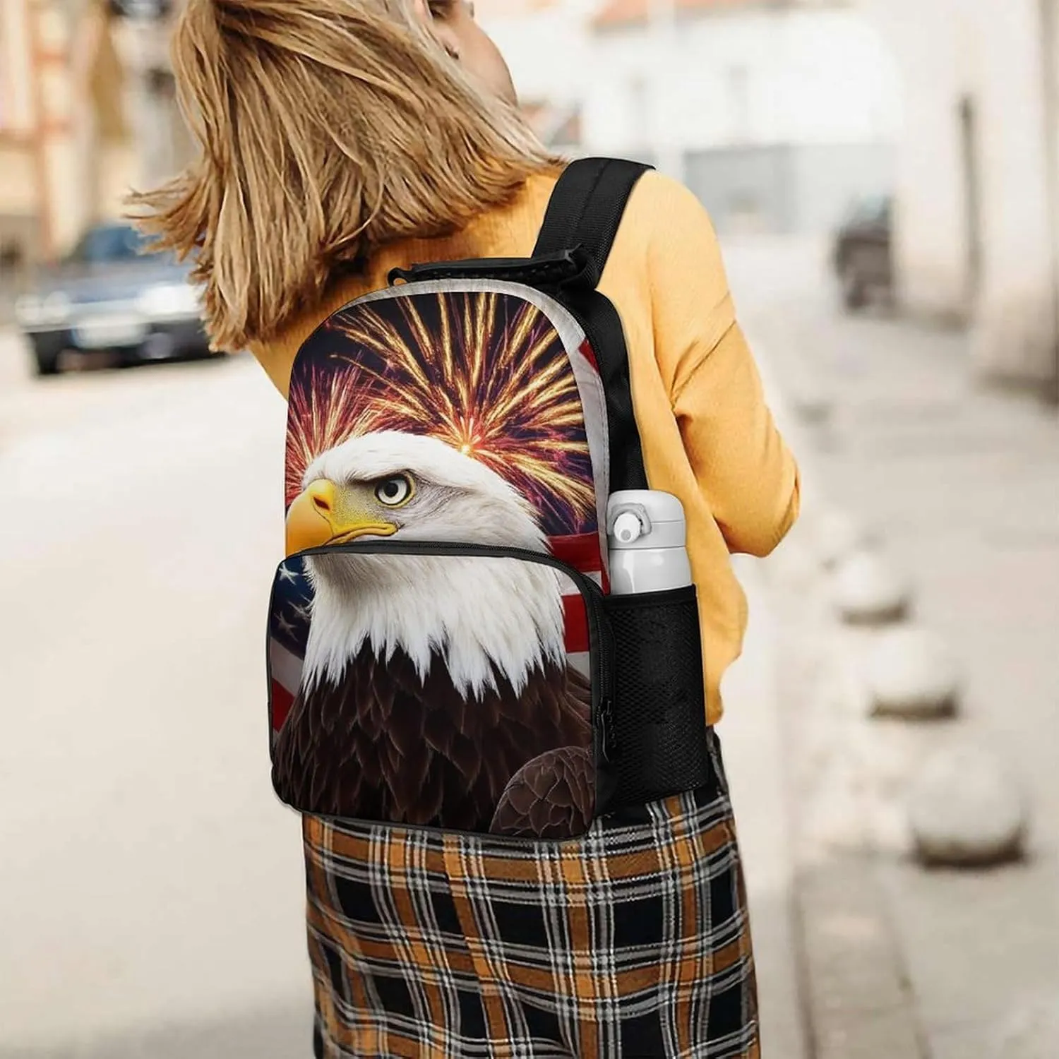 Supdreamc Women Men Polyester Bald Eagle American Flag Fireworks Art Casual Daypack Large Capacity Bookbag With Side Pockets for Sports Picnic Walking Cycling