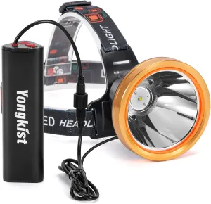 Super Bright Headlamp High Power Headlight Rechargeable LED Spotlight with Battery Powered Flashlight Torch Waterproof Coon Hunting Light for Garden Outdoor Camping Fishing (White Light)