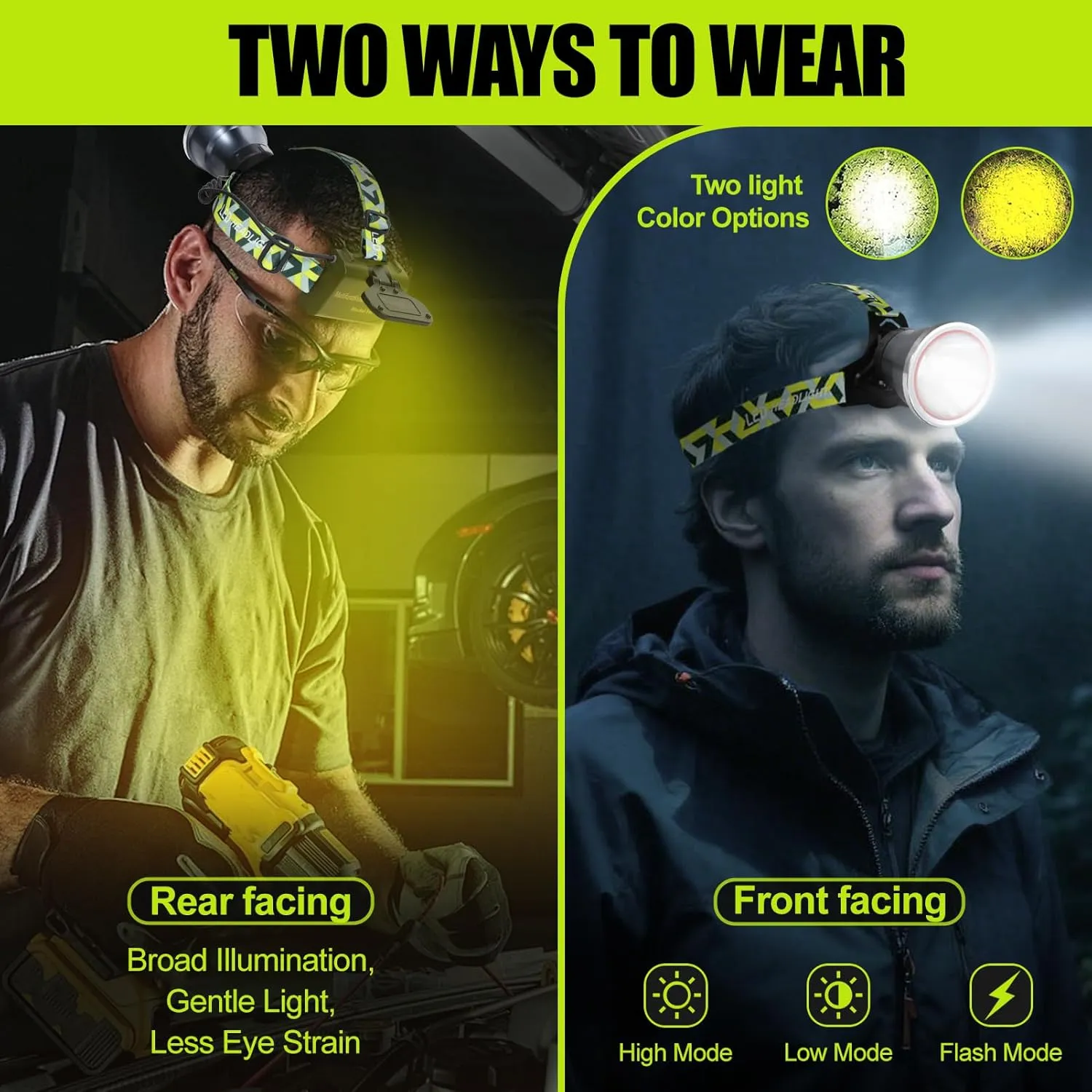 Super Bright LED Headlamp Rechargeable, High Lumen Waterproof 4 Modes Headlamp Flashlight, Lightweight Head Torch for Camping, Running, Hiking, Fishing (Spotlight-Yellow Light)