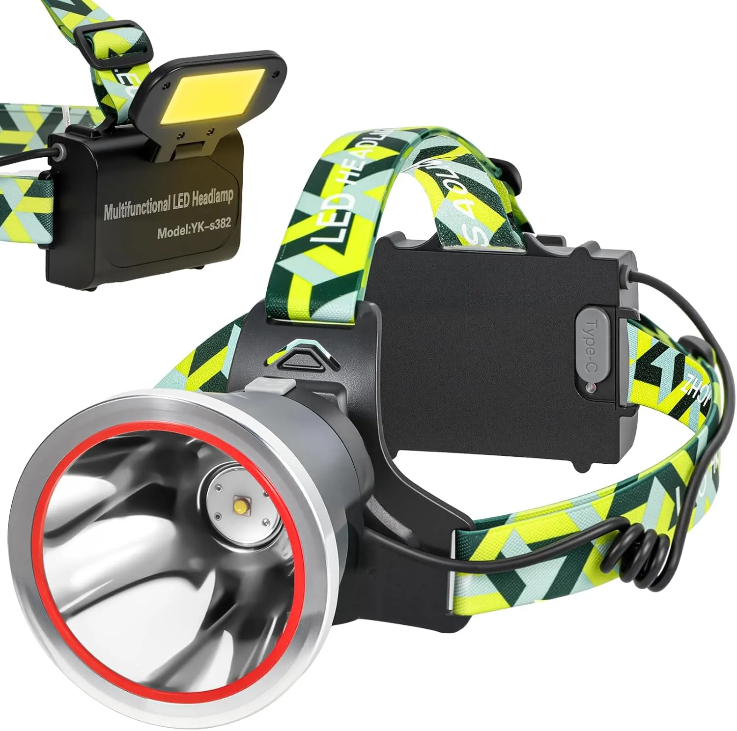 Super Bright LED Headlamp Rechargeable, High Lumen Waterproof 4 Modes Headlamp Flashlight, Lightweight Head Torch for Camping, Running, Hiking, Fishing (Spotlight-Yellow Light)