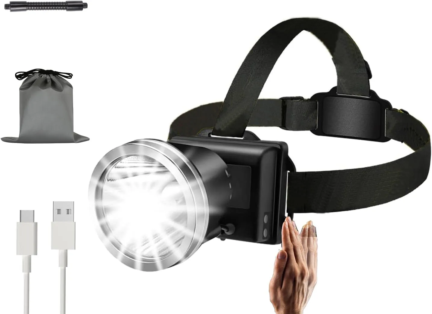 Super Bright Spotlight Hunting Head Lamp,USB C Rechargeable Led Headlamp,Waterproof Headlight for Forehead with long Battery Life, 90°adjustable Sensor Headlamps Flashlight for Outdoor,Fishing,Hiking