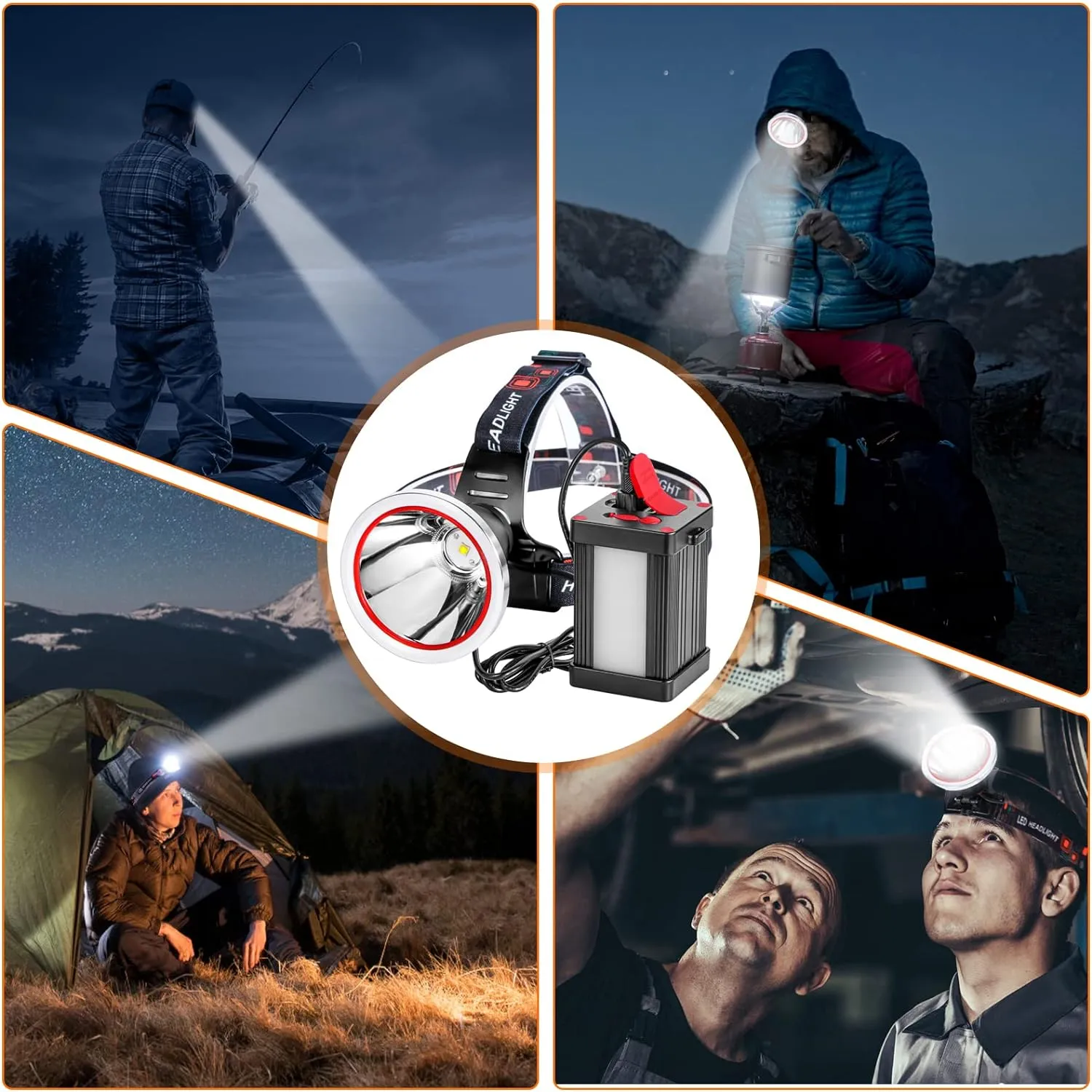 Superbright Bright LED Headlamp Powerful Portable Rechargeable Headlight Flashlight with External Side Light for Camping Biking Hunting Fishing (White Light)