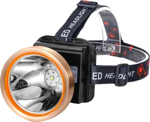 Superbright LED Rechargeable Headlamp,High Power 2 Light Modes Waterproof Headlight Adjustable Gold Head Troch Lamp for Hunting Fishing Hiking(White Light)