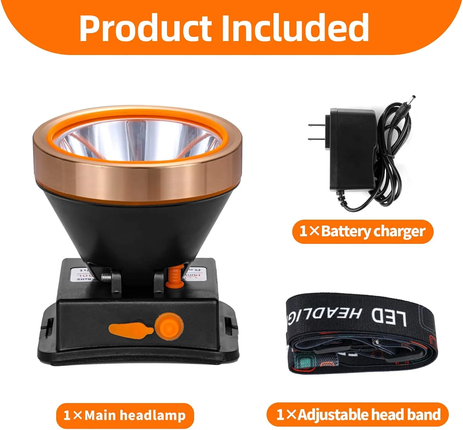 Superbright LED Rechargeable Headlamp,High Power 2 Light Modes Waterproof Headlight Adjustable Gold Head Troch Lamp for Hunting Fishing Hiking(White Light)