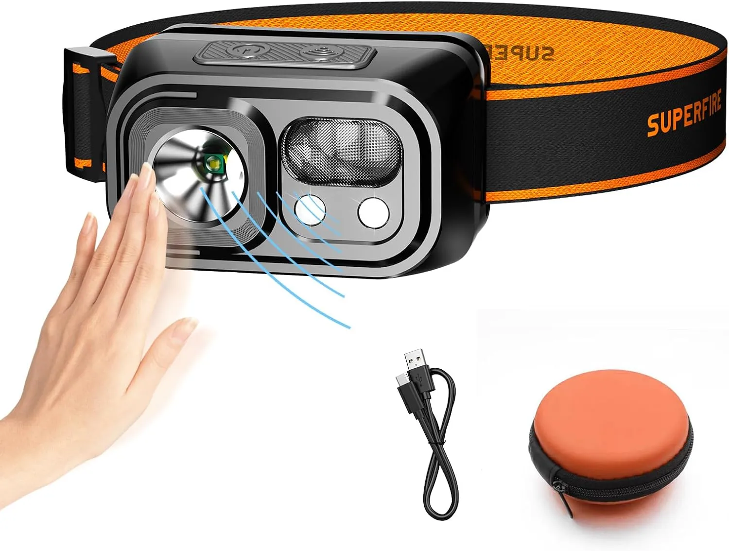 SuperFire Headlamp Rechargeable ，Lightweight Head Lamp with 9 Modes,IP44 Water Resistant,headlamp Flashlight for Running Fishing Hiking Camping,Rechargeable headlamps for Adults（with Storage Box）