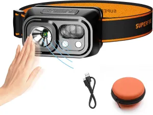 SuperFire Headlamp Rechargeable ，Lightweight Head Lamp with 9 Modes,IP44 Water Resistant,headlamp Flashlight for Running Fishing Hiking Camping,Rechargeable headlamps for Adults（with Storage Box）