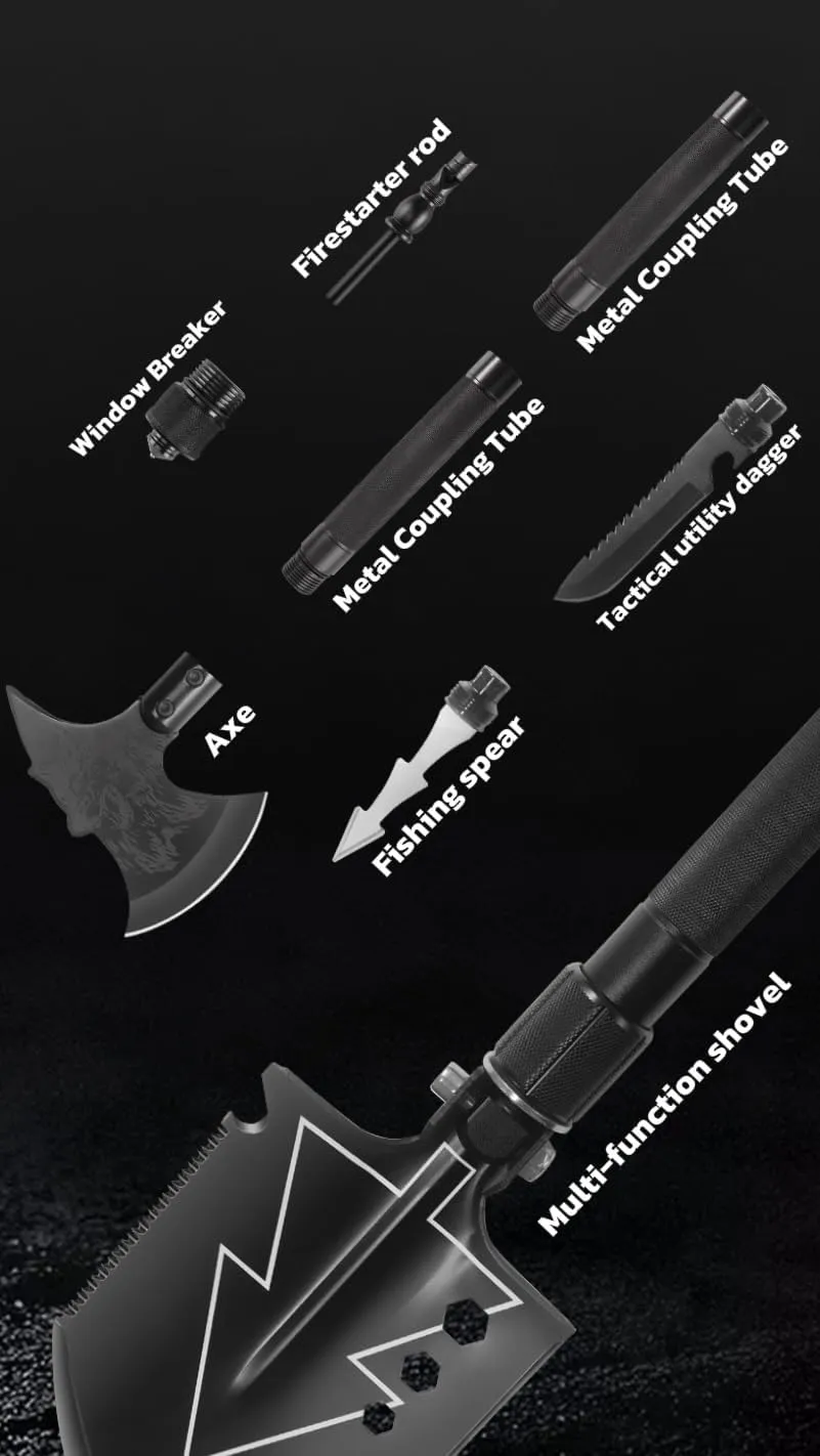 Survival Shovel Pro 24 Functions, High Carbon Steel Folding Shovel Axe with Fire Starter, Glass Breaker, Compass, MOLLE Bag for Outdoor