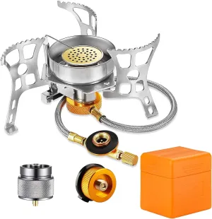 SVNVIOZ Camping Stove Windproof Backpacking Stove with Piezo Ignition, Plastic Storage Box, 2 Types Fuel Canister Adapters, Camping Gear Portable Stove for Outdoor Camping Hiking Cooking